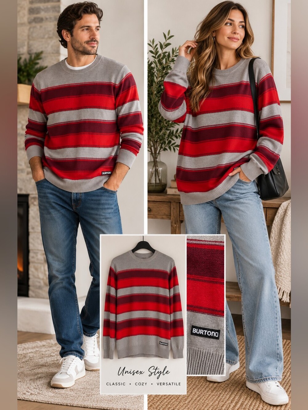 Burton Vintage Striped Sweater L Cotton Wool Red Gray Unisex